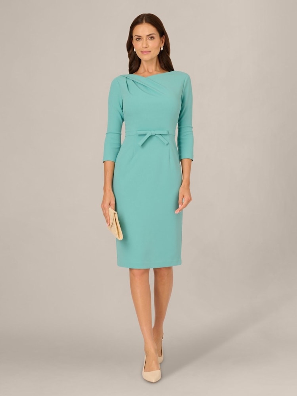 Adrianna Papell Size 14 NWT Green Bow Waist Sheath Midi Cocktail Dress GALA MOB - Picture 2 of 12